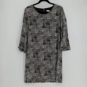 Garnet Hill Bell Sleeve Silk Shift Dress Women’s 10 Black White Geometric Office thumbnail 2