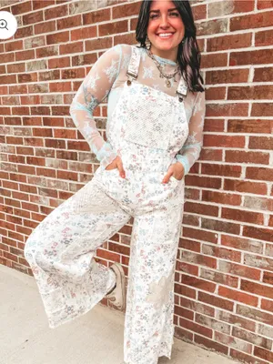 NWT POL Touch of Flowers Crochet Patch Overalls, Cream Floral Patchwork thumbnail 4