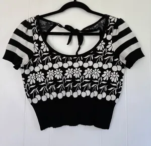 Maeve Anthropologie Black White Cherry Floral Knit Crop Top Bow Back Small thumbnail 1