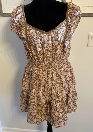 American Eagle Brown/Pink Floral Ruffled Sleeve Tiered Mini Dress V-neck Large thumbnail 1