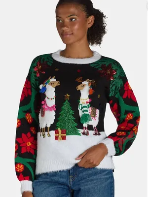 Holiday Time Llama Ugly Christmas Sweater 3D Embellished Crewneck Black S thumbnail 1