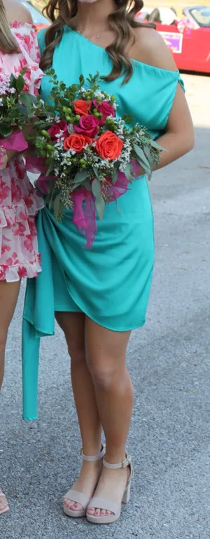Satin Green Off the Shoulder Cocktail dress thumbnail 1