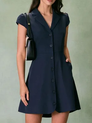 Rihoas Navy Lapel Cap Sleeve Button-up Mini Dress thumbnail 1