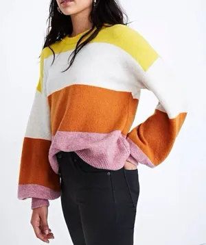 Madewell Yellow/White/Brown/Purple Striped Knit Wool Crewneck Pullover L D25 thumbnail 1