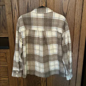 American Eagle Oversized Plaid Shirt‎ Jacket Fleece Brown White Blue Size Medium thumbnail 7