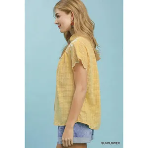 Umgee Embroidered Print‎ Scallop Sleeve Button Front Blouse - Sunflower - Small thumbnail 2