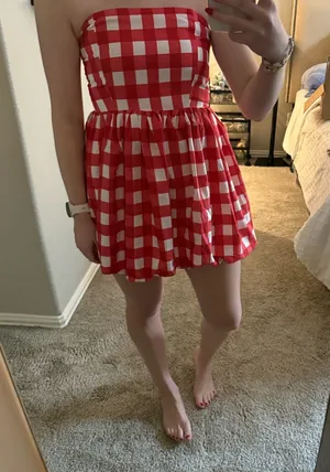 Red and White Gingham Strapless Dress thumbnail 1