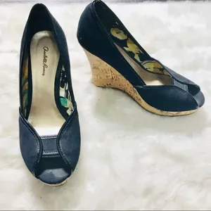 Charlotte Russe Black Canvas Peep Toe Natural Cork Wedges Size 6 thumbnail 1