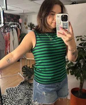 J. Crew Crew Neck Stripe Tank Top Green Navy Size Large thumbnail 3