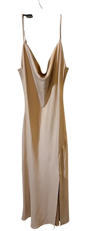 All In Love Champagne Satin Cowl Neck Midi Slip Dress Side Slit Beige Small thumbnail 1
