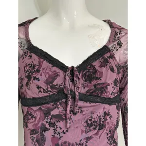 Derek Heart Y2K Purple Mesh Floral Lace Trim Long Sleeve Crop Top Grunge Blouse Women’s M thumbnail 5