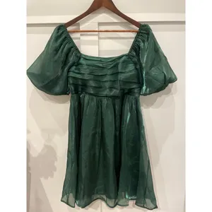 Entro Green Organza Party Bubble Sleeve Mini Dress, L thumbnail 4