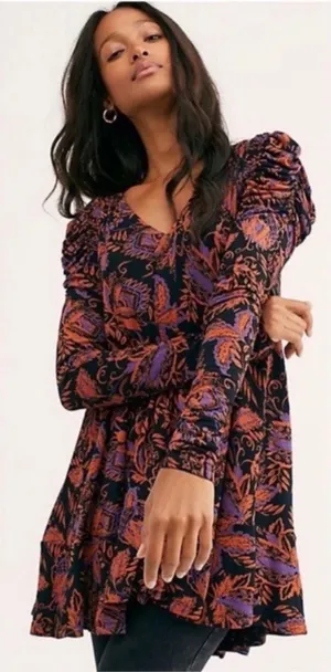 Free People Hello Lover Tunic Womens Floral Paisley Black Orange Size Medium‎ thumbnail 1