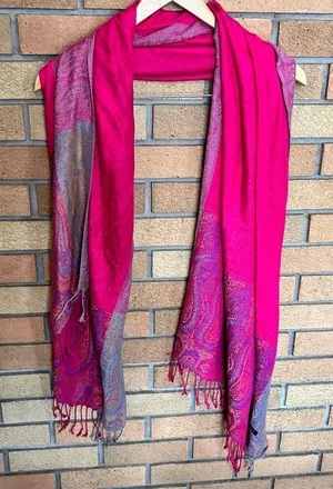 Cashmere Boho Pink Paisley Printed Scarf Wrap Shawl Fringe 70x23” READ thumbnail 1