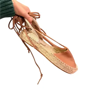 SALUDOS Wrap Gladiator Leather Tan Espadrille Flats Size 6 thumbnail 3