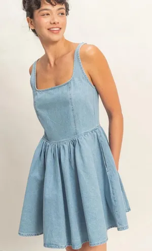 NEW Double Zero Scoop Neck Denim Mini Dress Large 100% Cotton Size L thumbnail 1