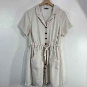 ModCloth Linen Blend Shirt Dress 1X Coastal Soft‎ Girl Minimalist Beige Pockets thumbnail 2