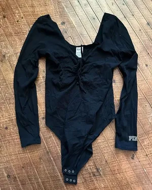 Victoria’s Secret black lace up long sleeve L knit bodysuit thumbnail 1