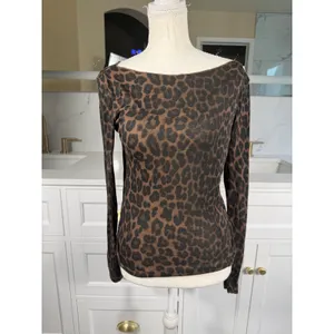 H&M Leopard Print Top Womens Medium Brown Long Sleeve Boat Neck Stretch Fitted thumbnail 2