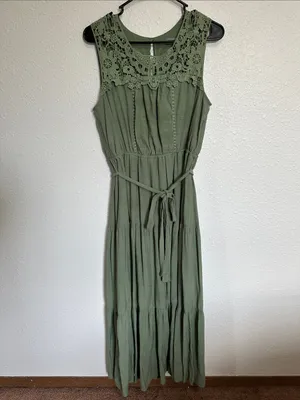 Figueroa & Flower Olive Lace Crochet Yoke Maxi Dress with Tie Waist Size M thumbnail 4