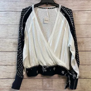 Free People Auxton Thermal Wrap Top Ivory Black Floral Waffle Knit Shacket S thumbnail 4