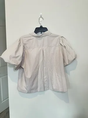 Modern Works Blouse Size L Beige Striped Puff Sleeve Button Front Shirt thumbnail 4