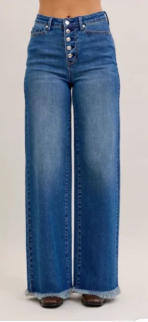 Judy Blue High Rise Exposed Button Fly Wide Leg Raw Hem Jeans Size 11/30 thumbnail 1