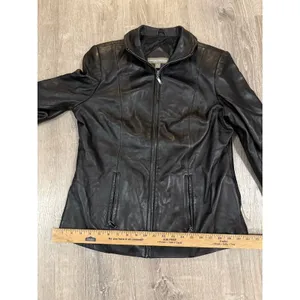 Valerie Stevens Black Lamb Leather Jacket Womens Medium Zip Front Mock Neck Coat thumbnail 7