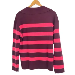 Talbots‎ Large Pink Burgundy Rugby Striped Wool Blend V-Neck Polo Sweater NWT thumbnail 2