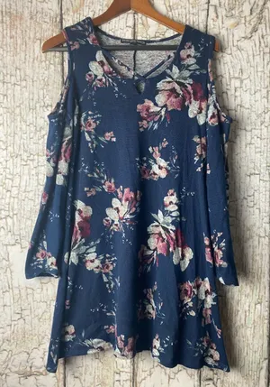 Three Hearts Navy Cold-Shoulder long sleeve Floral boho romantic dress M thumbnail 1