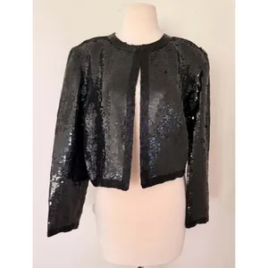 VTG Ann Taylor Silk Sequined Beaded Cropped Bolero Shoulder Pads Jacket S - Flaw thumbnail 10