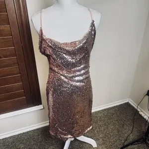 Hot Miami Styles Mini Rose Gold Sequined Dress Bodycon Party Glam Club sz L thumbnail 2