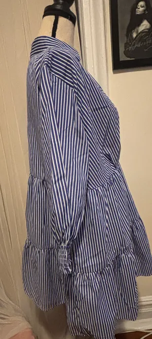 Women's 3/4 Sleeve V Neck Collar Striped Dress Casual A Line Ruffle Hem Mini Dresses thumbnail 6