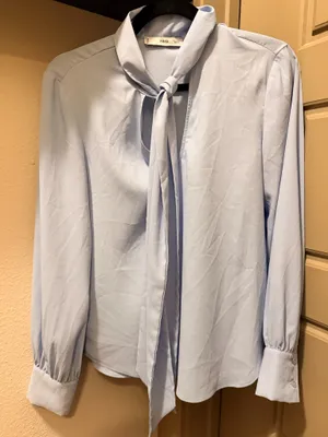 Mango Light Blue Tie Neck Blouse thumbnail 1