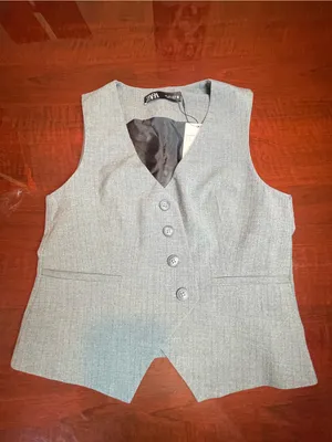 Zara Gray Pinstripe Tailored Asymmetrical Vest Sz L Quiet Luxury Old Money Core thumbnail 9