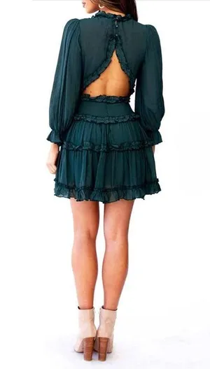 NEW V Neck Ruffle Long Sleeve Mini Dress L thumbnail 2