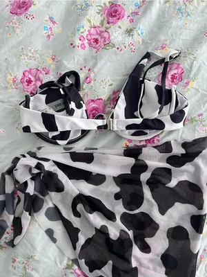 SHEIN Black & White Cow Pattern Bikini Top with Sarong thumbnail 3