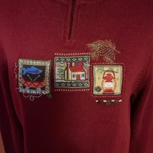 Y2K Kitschy Embroidered Sweater Cottagecore Cabin Lantern Fish Motif Zip Neck thumbnail 5