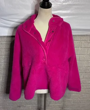 Lou & Grey Upstate Sherpa Fleece Pullover Magenta Pink Snap Neck Sweatshirt L thumbnail 1