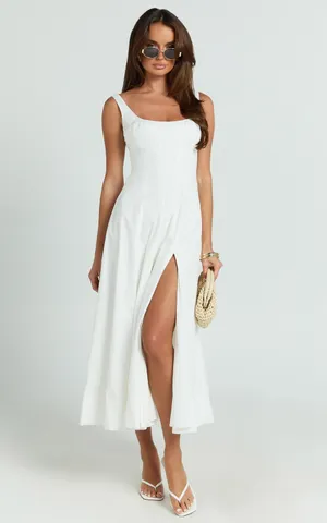 New Showpo Kristi Midi Dress Scoop Neck Fit And Flare Dress In Off White Size M thumbnail 3