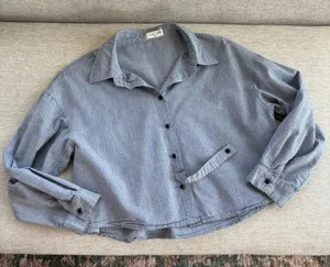 Kou Yuan Striped Button Down Shirt M Blue Pinstripe Cropped Academia Preppy Fall thumbnail 1