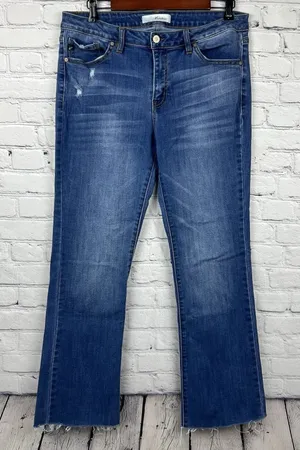 Kancan Women Size 31 Bootcut Crop Jeans Distressed Mid Rise Medium‎ Wash Raw Hem thumbnail 1