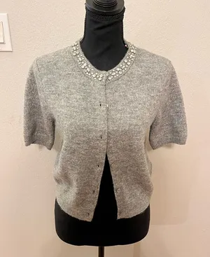 H&M Light Grey Melange Rhinestone Embellished Cardigan Size S NWOT thumbnail 1