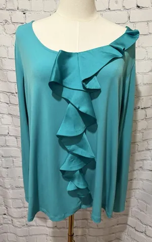 Susan Graver QVC Teal Liquid Knit Asymmetrical Cascading Ruffle Top Size Large thumbnail 1