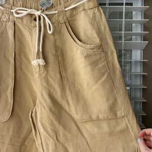 Tan Cargo Linen Pants with tie belt thumbnail 3