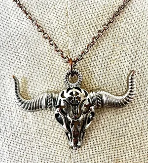 Freedom silver tone bull head cow skull pendant necklace thumbnail 1