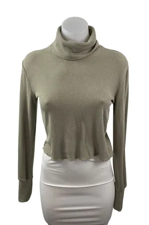 Aritzia Wilfred Free Women's Green Ribbed Long Sleeve Slim Crop Sweater Top XS thumbnail 1