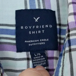 American Eagle Womens Boyfriend Plaid Button‎ Down Shirt Size Large Blue Casual thumbnail 6