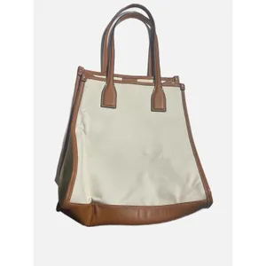 Zara Tote Bag Women Large White Brown Canvas Faux Leather Trim Minimalist Chic thumbnail 3