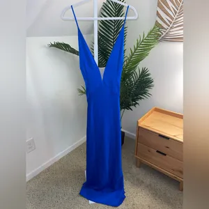 Aidan Mattox Azure Blue V-Neck Satin‎ Halter Bias Draped Gown Dress thumbnail 5